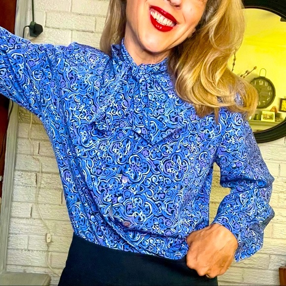 Pendleton Bow Tie detail Blue Pattern Print Secretary Blouse long sleeves - Picture 3 of 16